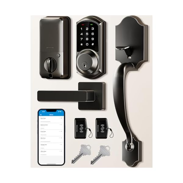 Veise Smart Front Door Lock Set, App Control, Keyless Entry Deadbolt with Lever Handle, Electronic Digital Touchscreen Keypad, Auto Lock, Easy Install, Matte Black