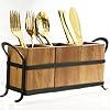 Utensil caddy silverware cutlery holder with 3 compartment wooden utensil crock flatware organizers with metal tray rustic kitchen utensil organizers for farmhouse kitchen and countertop  urban country home decor