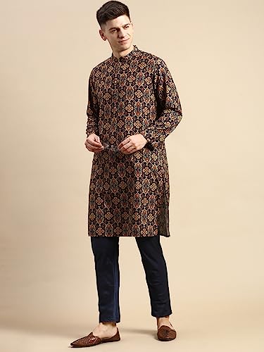 Image of Men's Black Art Silk Regular Fit Ethnic Motifs Kurta | Indian Kurta | Festive Ethnic Kurta with Embroidered Packet