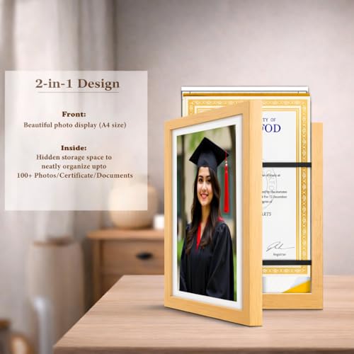 Image of Wooden Document Photo Frame with Storage, Certificate Holder Frame for Wall Mount & Tabletop | Memory Frame for Birth Certificate, Awards & Photos | Premium Finish ( Beige, Size 9.2X12.6 Inch )