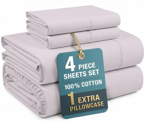 Casa Platino 100% Cotton Twin Size Sheets – Crisp Percale Sheets Twin with 2 Pillowcases, with 15" Deep Pocket Sheet for Secure Fit, Ultra Soft & Cozy, Excellent Quality & Fit – Grey Lavender