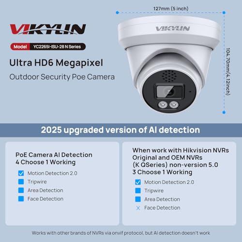 Image of VIKYLIN 6MP PoE IP Camera with Two-Way Audio, Metal Outdoor Turret Security Camera, Human & Vehicle Detection, Face Detection, 98ft EXIR IR Night Vision, MicroSD(512GB), NDAA Compliant