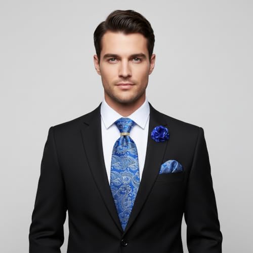 Image of 5PCS Mens Premium Silk Tie, Pocket Square, Cufflinks, Drilled Tie Ring and Lapel Pin Set for Wedding Groom Party