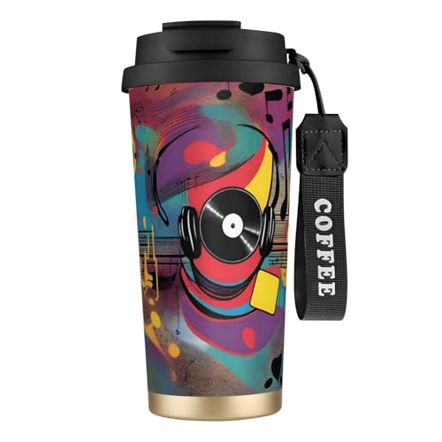 XZDAL Taza de café de acero inoxidable 316 Music Vibe negra con tapa y popote para oficina y deportes