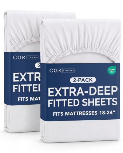 Image of 2 Pack Extra Deep Twin Fitted Sheets with Extra Deep Pockets - White | Hotel Luxury Bottom Fitted Sheets Only, Soft, Fade & Wrinkle Free, Breathable & Comfy, All Around Elastic Fitted Sheets