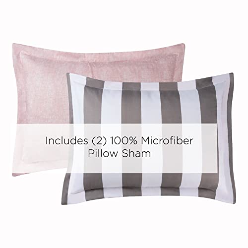 Image of Juicy Couture Cabana Stripe Reversible Bedding Set - King Size - Grey and White Stripe Print - 6 Piece Set - Includes 1 104 inch x 90 inch Comforter, 3 Decorative Pillows, 2 Shams