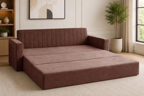 Image of 3-Seater Velvet Sofa Cum Bed with Armrests | Modern Convertible Sleeper Couch | Stylish Sofa Bed for Living Room, Bedroom & Office | Brown