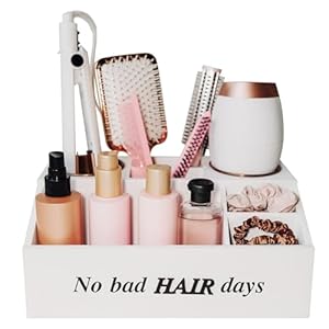 Hair Tool Organizer w/ 7 Compartments – Wooden Hair Product Organizer – Hair Straightener, Brushes, Bathroom Hair Dryer Holder w/ 2 Rose Gold Cups – Hot Tools Organizer for Bathroom Counter or Vanity