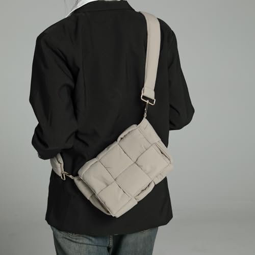 Image of Shoulder Bag Lightweight Puffer Tote Crossbody Bag Handwoven for Women | waterproof nylon, durable, soft padded texture, versatile for travel, work, weekend, everyday, adjustable strap
