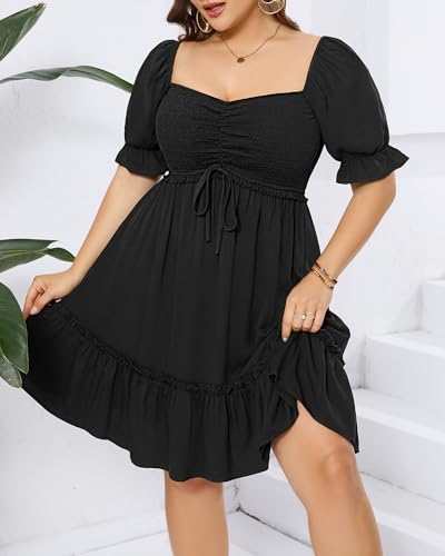Image of Pinup Fashion Women Plus Size Puff Sleeve Summer Floral Smocked Short Dress | Sweetheart neckline, smocked bodice, ruched ruffle hem, cute babydoll style, for beach, vacation, casual wear