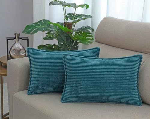 Image of RD TREND Corduroy Cushion Cover Set of 2, Striped Double Sided Decorative Throw Pillowcases for Sofa, Bed & Living Room Rectangular Long Cushion Covers 18x28 inches | Crash Blue