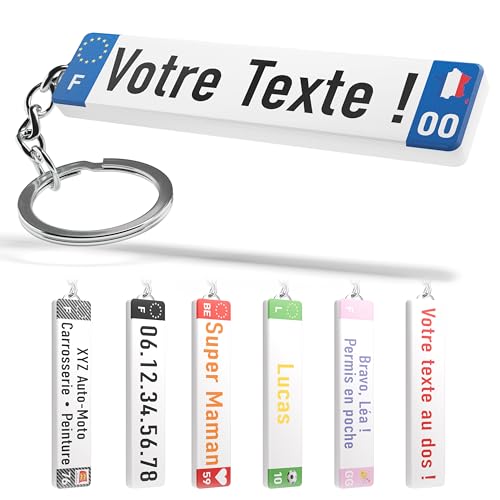 Porte clé plaque d’immatriculation personnalisée et personnalisable pour Voiture – Texte, logo et couleur au choix – Accessoire de Voiture 3D fabriqué en France – Idée cadeau original
