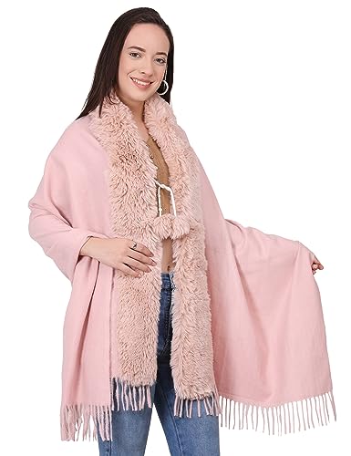 Image of Manra Women's Solid Faux Fur Border Stole Shawl Warm Wrap Cape for Winters (SC 14)