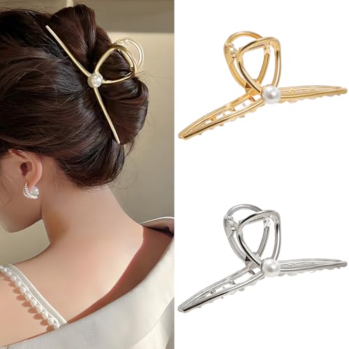 PUSCOBSY Large Metal Hair Clips (2-PCS), 5" Pearl Claw Clips for Thick Hair, Luxe Non-Slip Barrettes for Women, Elegant Wedding Office Travel Hair Accessories (Gold/Silver)