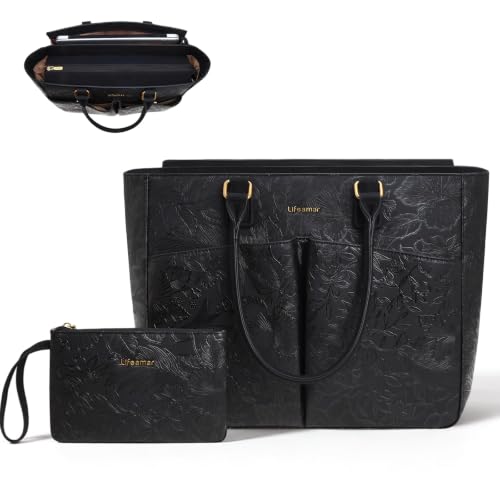 Image of Laptop Tote Bag for Women, Leather Work Tote with Padded Laptop Compartment, Cup Holder, Office Computer Briefcase