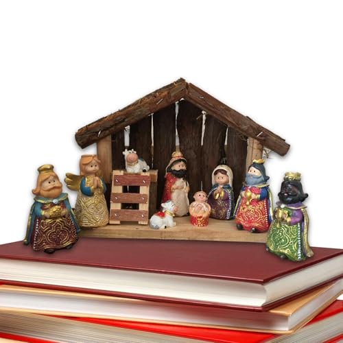 Nativity Sets For Christmas Indoor - 10 Piece Resin Manger Scene With LED Light String | Lighted JOY Letter Jesus Ornament & Sta