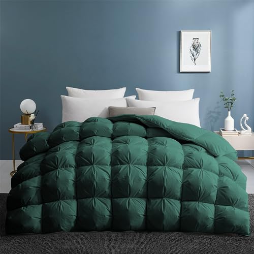 UNIKOME Goose Feather Down Comforter with Pinch Pleat Design -20% Extra Fill, 116oz, All Season Duvet Insert with Cotton Cover, Cloud-Like Fluffiness Down Fiber Comforters (Green, Cal King, 108'X94')