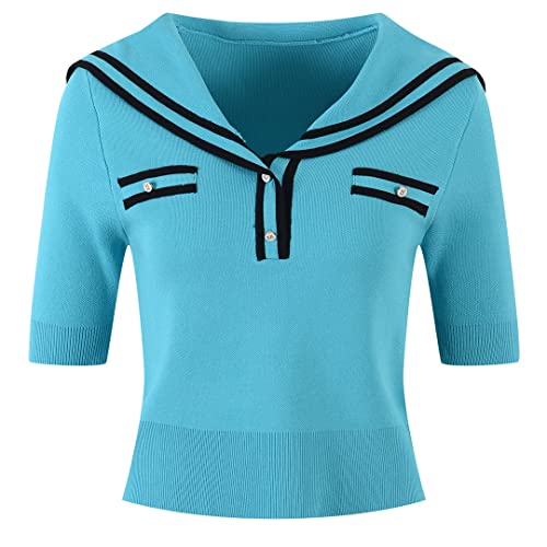 Blusa coreana elegante de punto casual de manga corta, color rosa, verano, Azul / Patchwork, L Cover