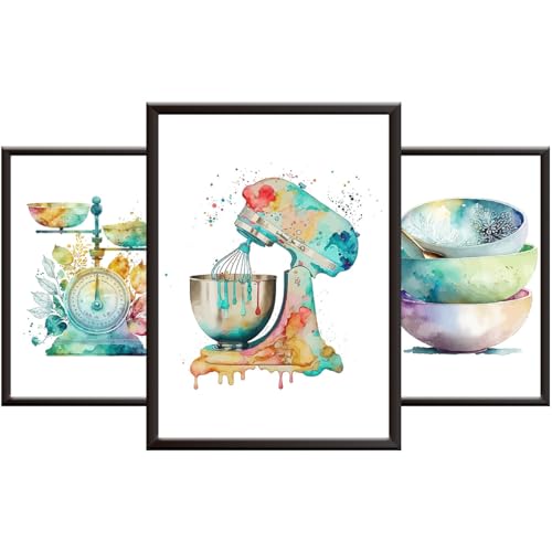Hey Chimp Watercolour Kitchen Prints for Wall - Set of 3 Posters and Abstract Kitchen Wall Art Decor - Multi-coloured Pictures of Cooking/Baking Equipment. Unframed A4 Posters Hey Chimp Watercolour Kitchen Prints for Wall - Set of 3 Posters and Abstract Kitchen Wall Art Decor - Multi-coloured Pictures of Cooking/Baking Equipment. Unframed A4 Posters