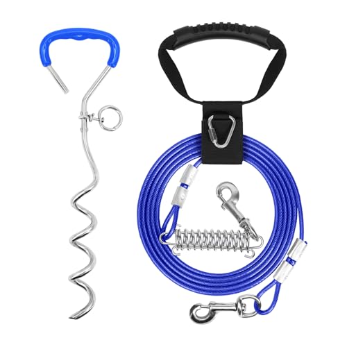Supet Shock-Absorbing Dog Tie Out Cable & Stake for Backyard, Camping, Traveling, for Dogs up to 250Lbs, Durable Dog Tether/Leash,10ft