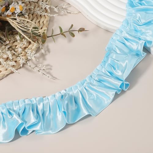 sourcing map 5,5 Meter 3D-Falten-Chiffon-Spitzenborte, 5,1 cm, Satin-Rüschenband, plissiert, Nähstoff, für Kopfbedeckung, Kleid, Tasche, Hochzeitskleid, Heimdekoration, Blau