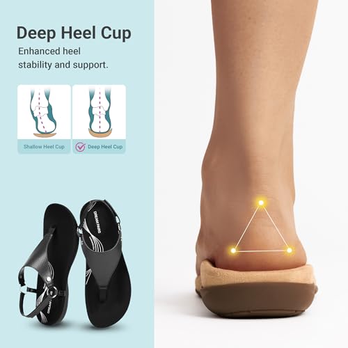DREAM PAIRS DREAM PAIRS Women's Flat Sandals Arch Support Orthopedic Comfortable Soft Cushion Summer T-Strap Walking Thong Sandals,Size 8.5,All Black,SDFS2407W