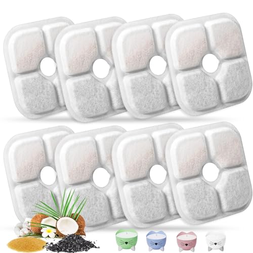 Cat Water Fountain Replacement Filters Fit for 2.5L Fountain with Whiskers Pattern Triple Action Water Pet Cat Drinking Fountain Filter Pack of 8