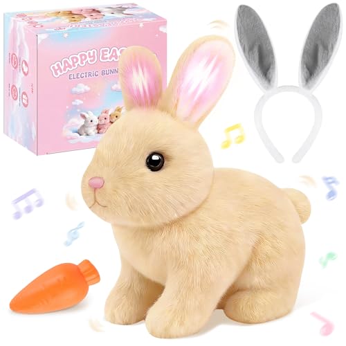 Easter Realistic Bunny for Kids - Interactive Hopping Bunny Toy Set with Headband, Electric Lifelike Robot Rabbit That Move, Walking Barking and Wagging Tail Bunby Stuffed Animal with Sounds,Brown