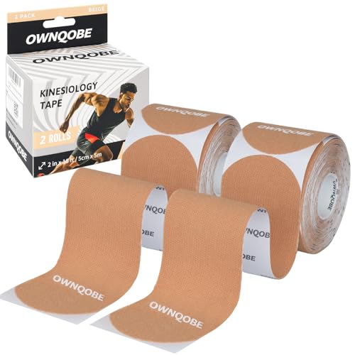 OWNQOBE Kinesiology Tape Precut (2 Rolls 40 Strips) Waterproof Latex-Free Hypoallergenic Athletic Tape for Muscle & Joint Support Breathable Elastic Sports Tape for Recovery & Shoulder Pain Beige
