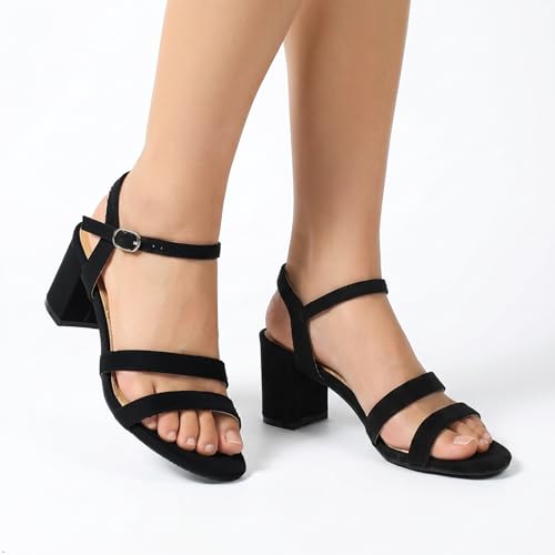 CYIYII Womens Strappy Block Heel Sandals Open Toe Ankle Strap Dress Sandals Comfortable for Wedding Guest Bridal Party Prom Evening Black Suede 7 by CYIYII - Used condition - Image 2