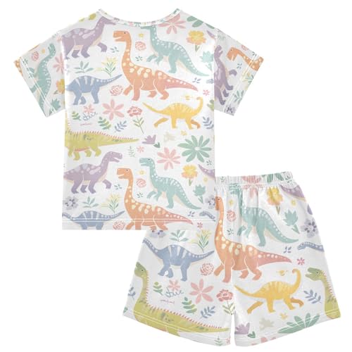 ALAZA Rainbow Flower Dinosaur Pajamas Set Short Sleeve Cotton Sleepwear Summer Pjs 2 Piece 5-14Y2