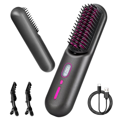 Cordless Hair Straighteners and Curler, Portable Wireless Negative Ion Straightening Comb for Travel with Storage Bag, 12 Temperature Levels, 7.4V/9600mAh Battery USB Rechargeable (Grey)