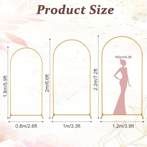 Image of Vincidern 3pcs Metal Wedding Arch Backdrop Stand, Party Arch Stand, Balloon Arch Backdrop for Wedding Ceremony, Baby Shower, Birthday Party, Bridal Shower, Graduation Decor, Gold,7.2FT, 6.6FT, 5.9FT