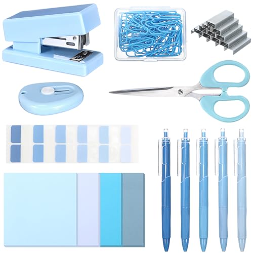 Humyoun Mini Blue Office Supplies Kit Blue School Supplies Christmas Gift Desk Accessories with Gel Pens Sticky Notes Stapler Scissor Paper Clips Index Tabs Box Cutter for Christmas Gifts Office