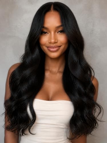 Image of KLAIYI Loose Wave Bangs Glueless Precut 13x4 Lace Front Wigs Human Hair 18 inch