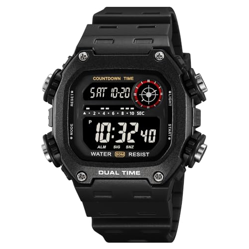 Mens Digital Watch Men Waterproof Watches for Men Dual Time Watch with Date Alarm Chronograph Sports Watch Teenage Boys, All Black, M142.H