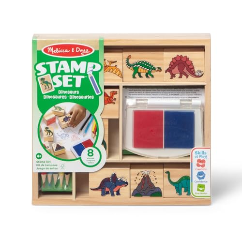Melissa & Doug Wooden Stamp Set: Dinosaurs - 8 Stamps, 5 Colored Pencils, 2-Color Stamp Pad - FSC Certified