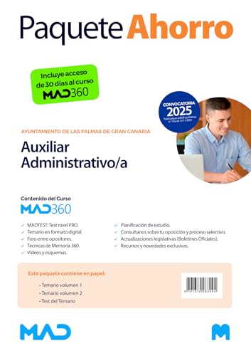 Oposiciones Auxiliar Administrativo/a Ayuntamiento de Las Palmas de Gran Canaria. Paquete Ahorro de Libros y Curso MAD360