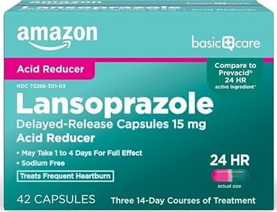 Amazon Basic Care Lansoprazole Delayed Release Capsules, 15 mg, Proton Pump Inhibitor, Acid Reducer, 24 Hour Heartburn Medicine, 42 Count Pack