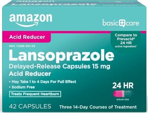Amazon Basic Care Lansoprazole Delayed Release Capsules, 15 mg, Proton Pump Inhibitor, Acid Reducer, 24 Hour Heartburn Medicine, 42 Count Pack