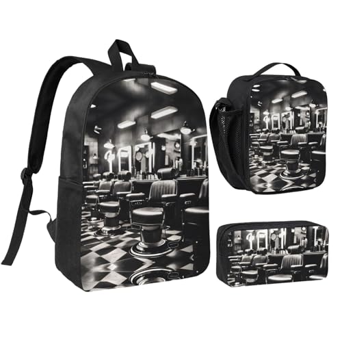 Sac à dos d'écolier EdWal Barber Shop 3 pièces avec boîte à déjeuner et trousse monochrome