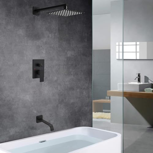 Heable Matte Black Shower Faucet Set with Tub Spout Bathroom Luxury Rain Mixer Shower Head System Wall Mounted Shower Faucet Complete, Single Handle Tub and Shower Trim Kit with Rough-in Valve