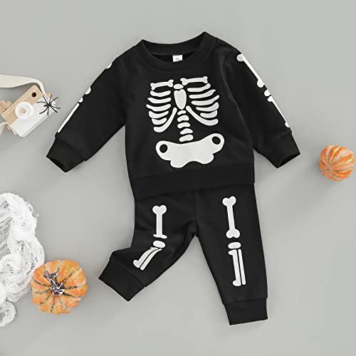 Kayotuas Baby Boy Girl Halloween Outfit Skeleton Long Sleeve Sweatshirt Top Pants Set Cute Skull Toddler Clothes Fall Outfits3