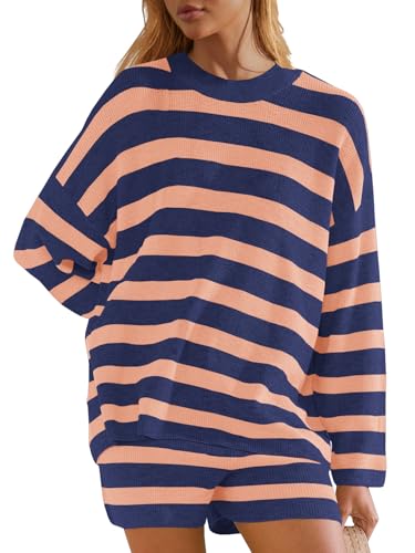 Image of Panadila Womens Striped Sweater Set Oversized Lounge Sets Matching Pajamas Long Sleeve Sweater Top and Shorts