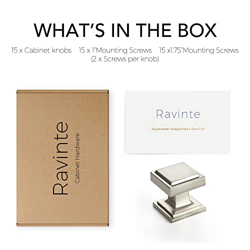 Image of Ravinte 15 Pack Brushed Nickel Square Kitchen Cabinet Knobs,Zinc Solid Drawer Pulls,Farmouse Cabinet Handles for Cupboard, Closet, Dresser and Bathroom, Modern Cabinet Hardware for Cabinets