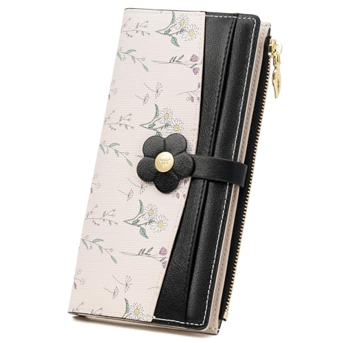 GAEKEAO Womens Wallet Slim Thin RFID Blocking Bifold Floral Vegan Leather Card Holder Large Capacity Wallet with Zipper Pocket