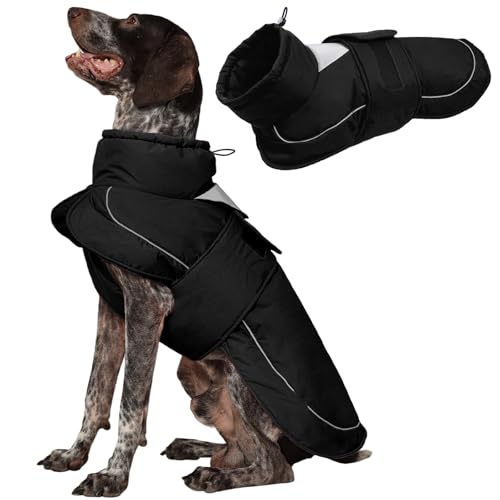 Kuoser Hundemantel Hundejacke, Wasserdichter Wintermantel für Hunde, Verstellbarer Kragen mit Kordelzug, Reflektierend & Sicher, Schwarz XL