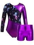 Moggemol Kids Girls Gymnastics Dance 2 Piece Outfits Long Sleeve Leotards with Shorts Sets Athletic