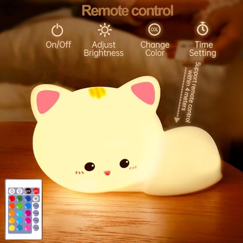 Image of Led Cute Cat Night Light, 16 Colors Dimmable Nursery Kawaii Nightlight, Super Squishy Silicone USB Rechargeable Remote Control Night Lamp for Kids Adults, Used for Camping Party Room Decor
