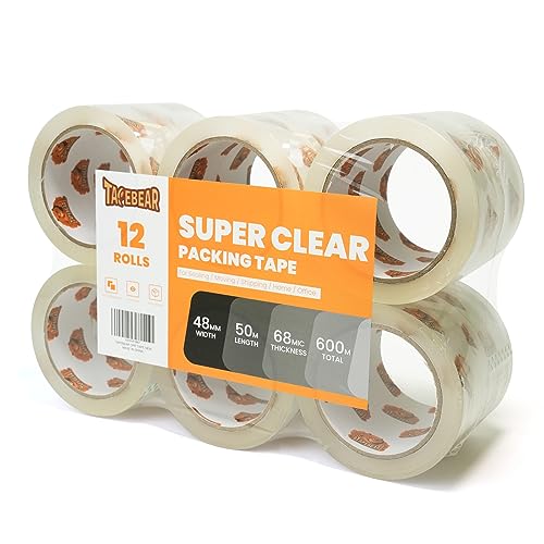 TAPEBEAR Packaging Tape, Super Clear Packing Tape Heavy Duty, 2.7mil Thick Transparent Tape